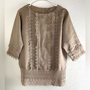 Vintage Cloak of Many Colors by Liberty & Lucretia Tan Linen Lace Trim Top
